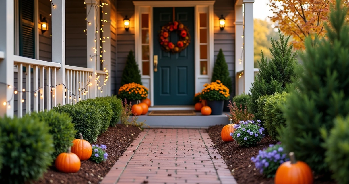 Small shaded front yard after fall makeover with clean paths and colorful planters