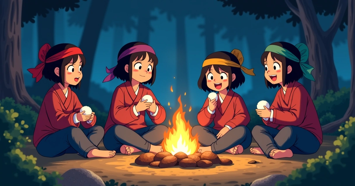 Time de ninjas sentado ao redor de uma fogueira, clima descontraído, cenário de floresta ao fundo e estilo de anime clássico 