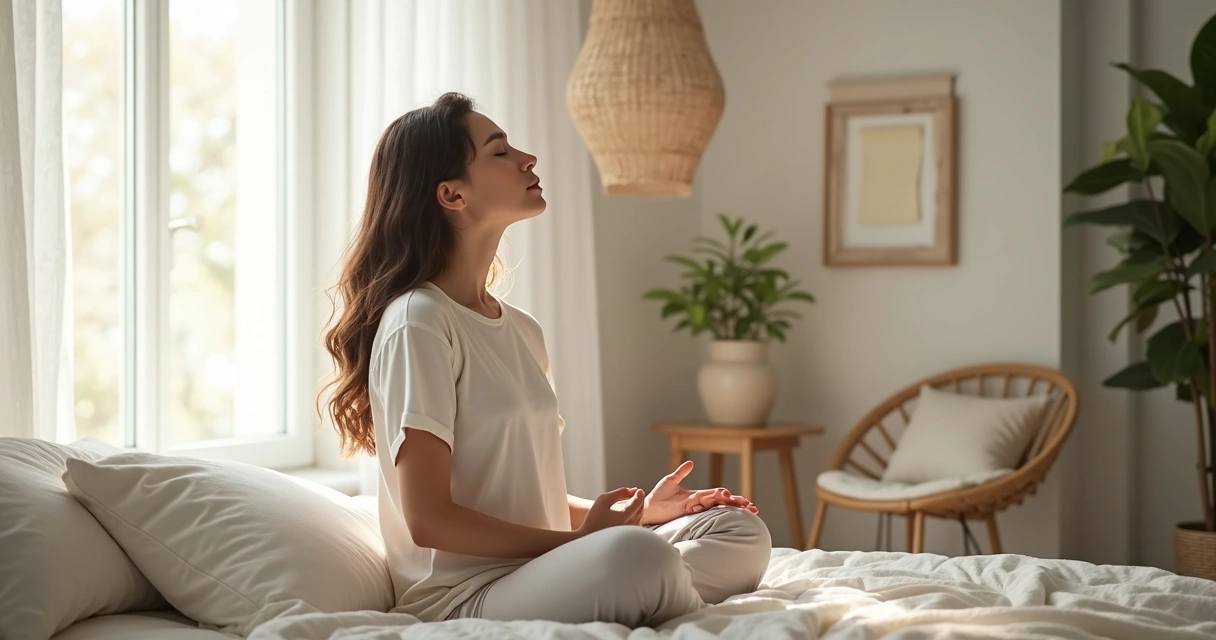 Person practicing nasal breathing exercises on bed 