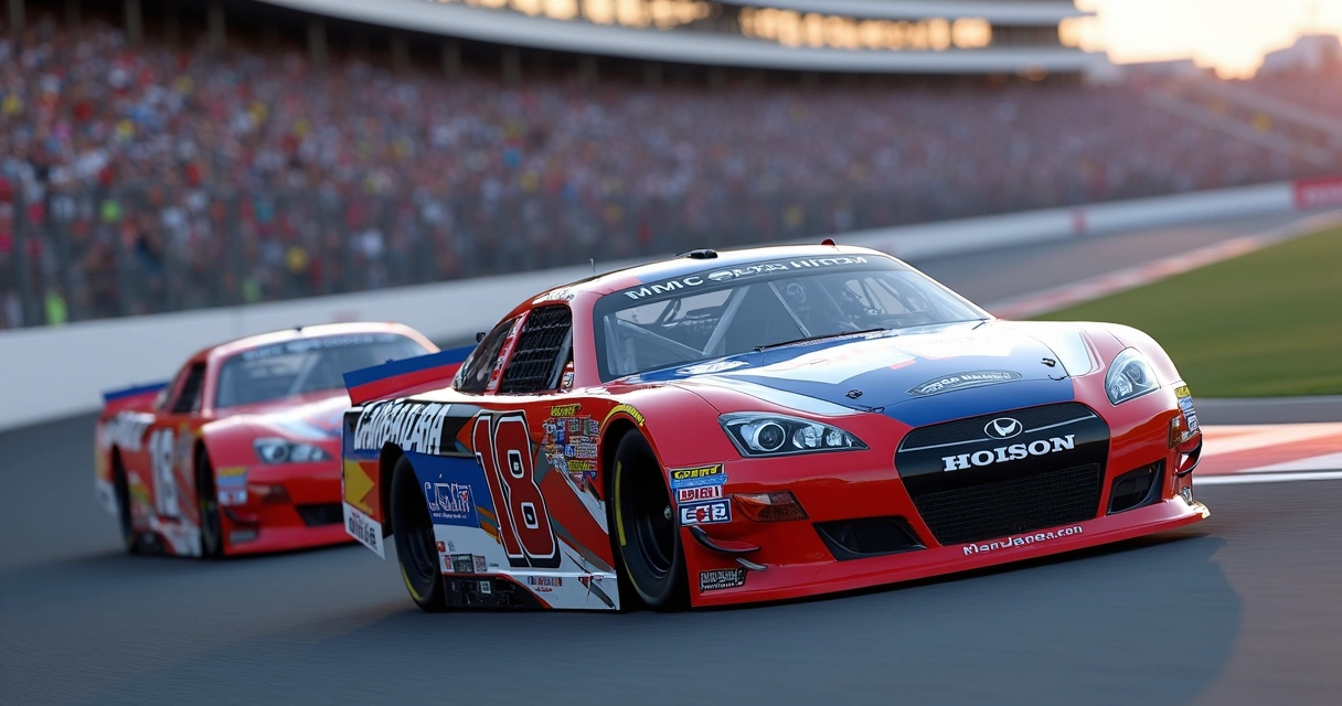 Carros NASCAR agrupados em pista oval de alta velocidade 