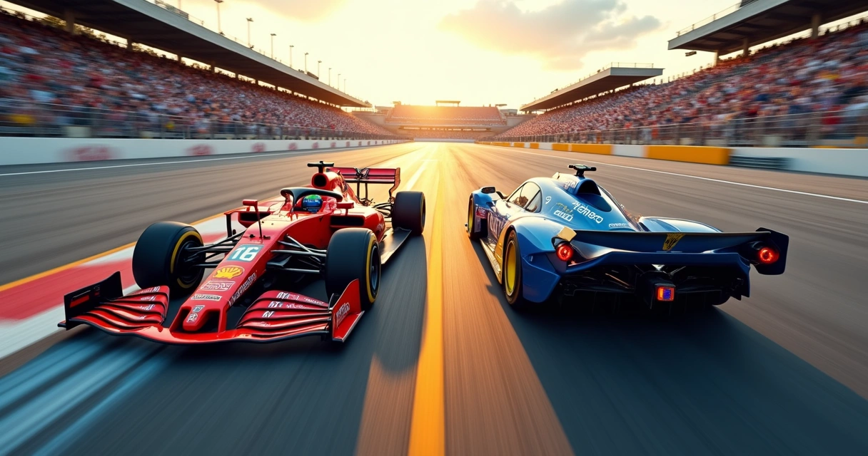 Carros de NASCAR e Fórmula 1 lado a lado em pista mostrando estilos de corrida diferentes 