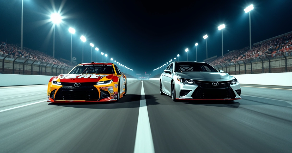 Carro de NASCAR e carro de rua lado a lado em pista iluminada à noite 