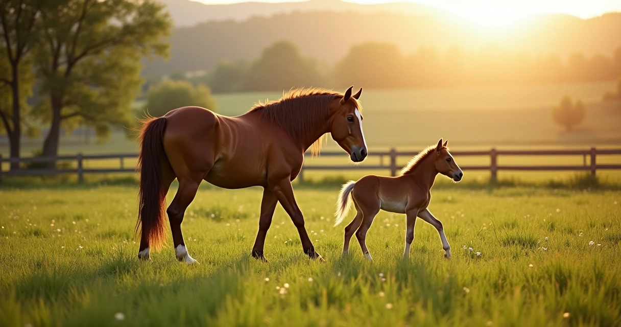 Potro recém-nascido com égua em piquete verde 