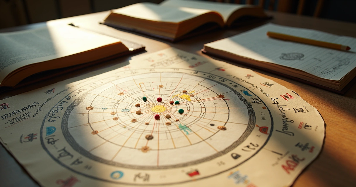 Mapa astral de nascimento com símbolos e anotações sobre mesa de madeira. 