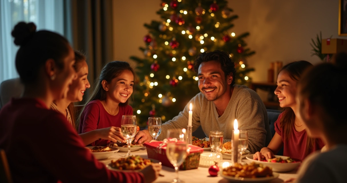 Família reunida em volta da mesa de Natal trocando olhares afetuosos 