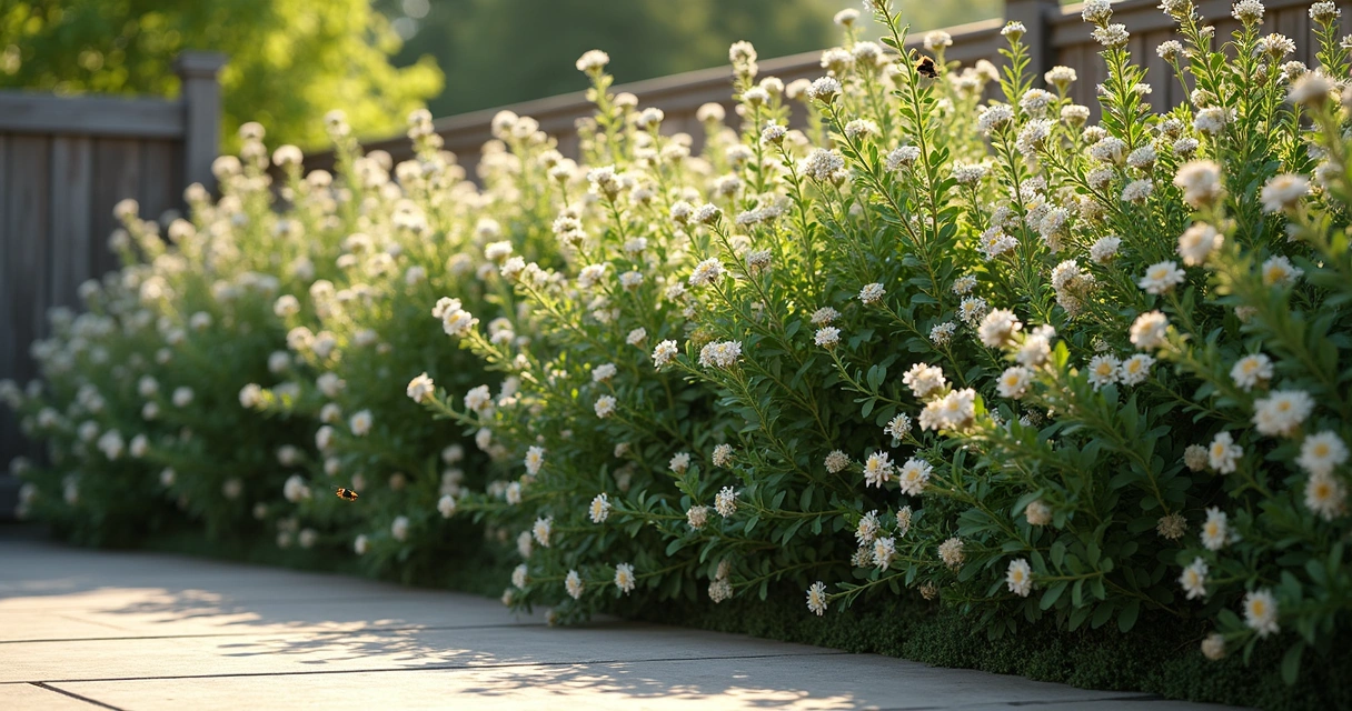 Flowering native hedge with bees and birds nearby 