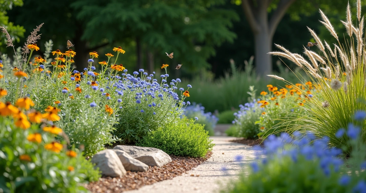 Texas native wildflowers and grasses in a blooming rain garden. 