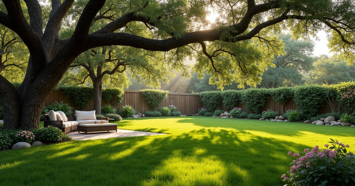 Large native trees providing shade over a green backyard lawn, patio furniture under canopy