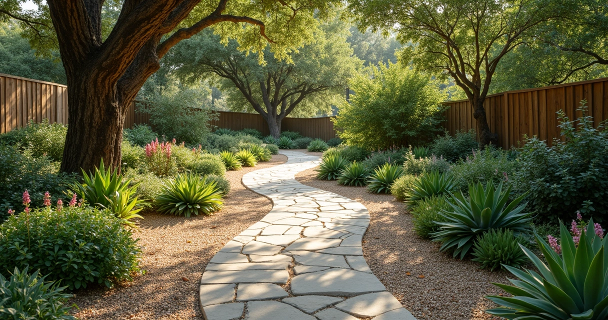 Lush native Texas landscaping with stone pathway