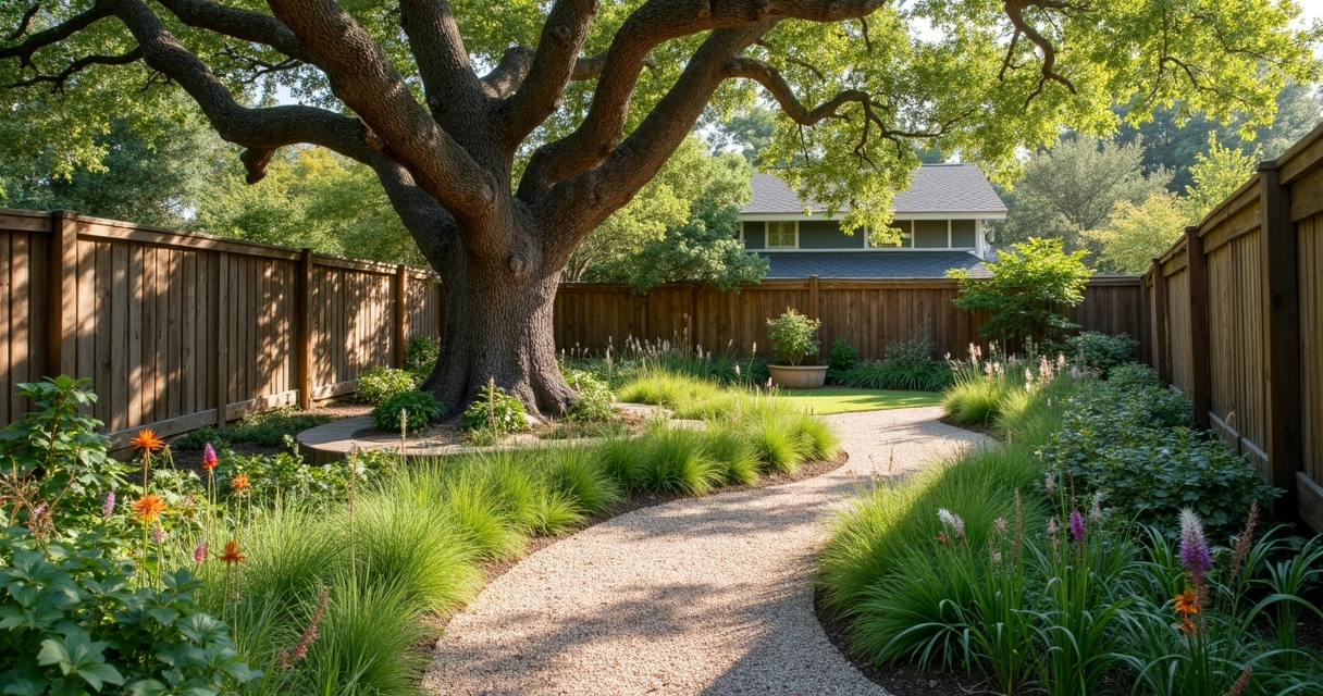 Native Texas plants, decomposed granite path, and large oak