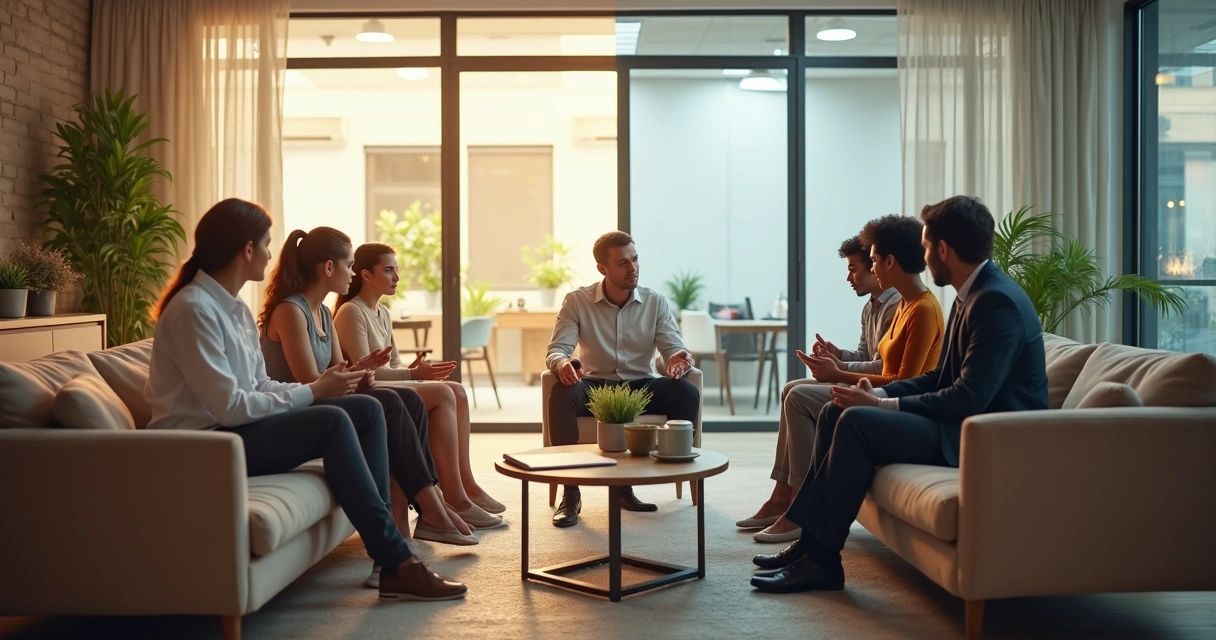 People in a living room and office blended scene practicing calm ethical dialogue 