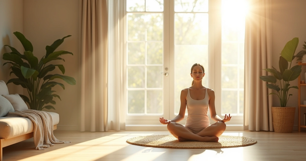 Person practicing breathing near large window with sunlight and plant shadows 