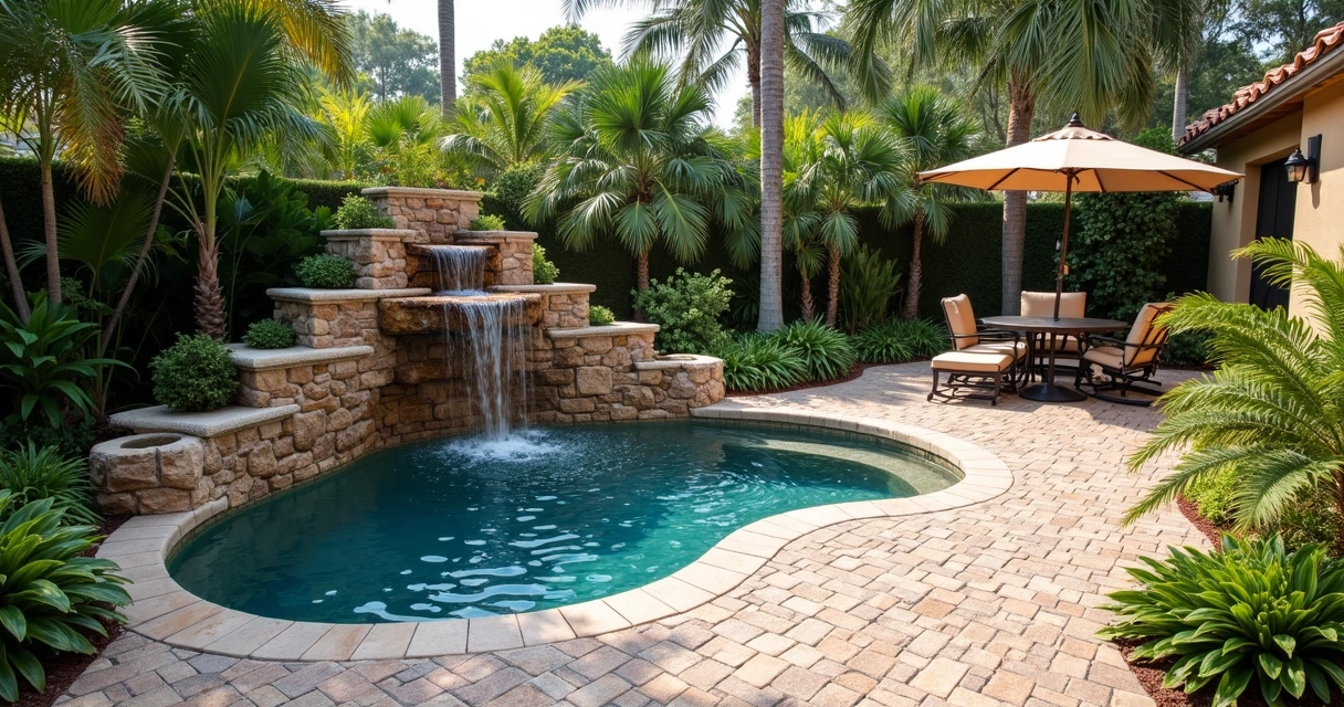 Outdoor patio with water feature and natural stone