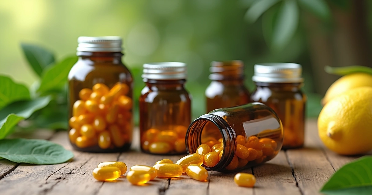 Assorted natural supplement capsules and bottles on a wooden table. 