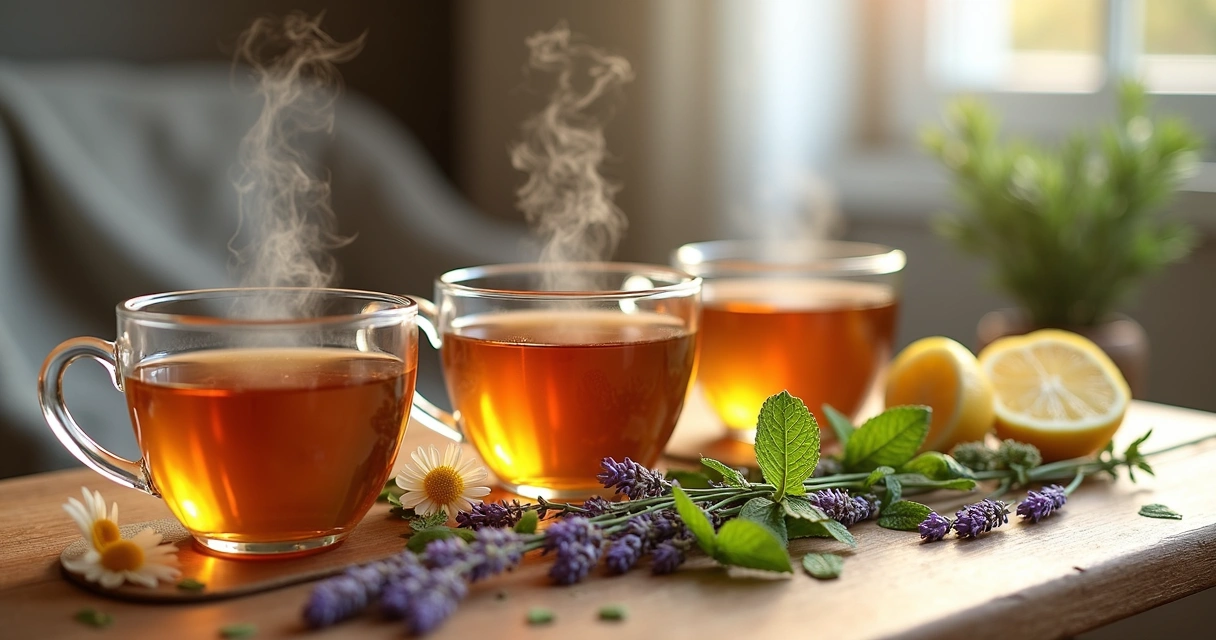 Close-up of a wooden table with assorted natural herbal teas in clear glass cups surrounded by fresh herbs and flowers 