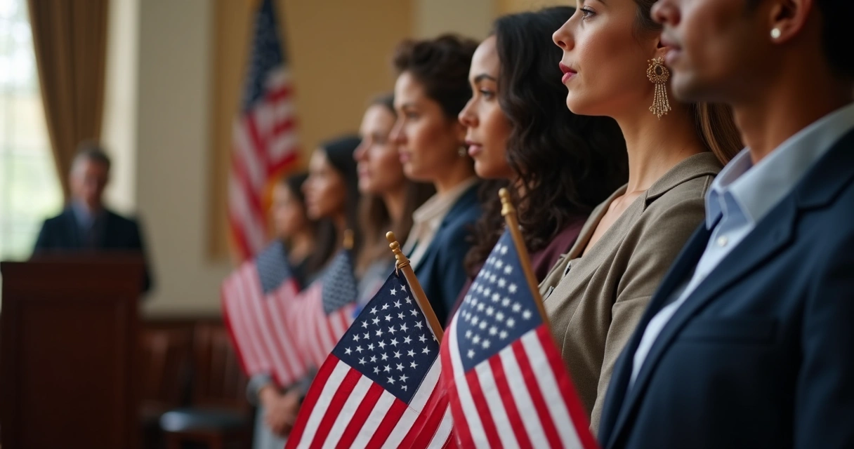 New citizens at a naturalization ceremony with American flags 