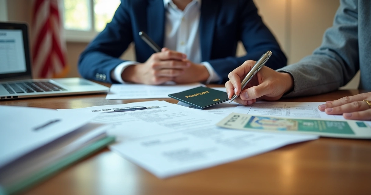 Applicant reviewing immigration documents at a desk 