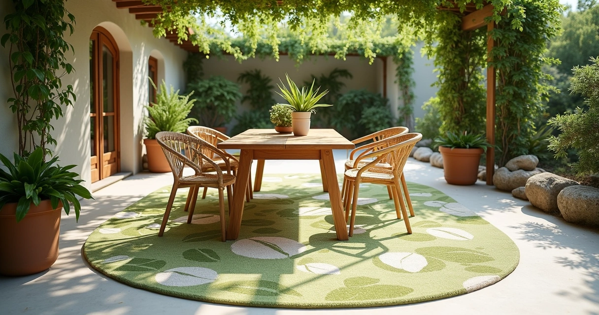 Leaf-patterned outdoor rug under patio table 