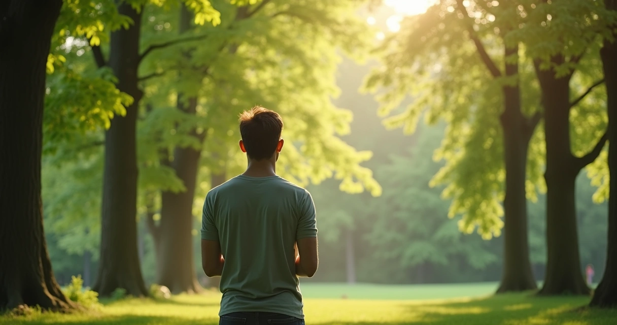 Person taking a mindful break in nature, standing near trees and relaxing