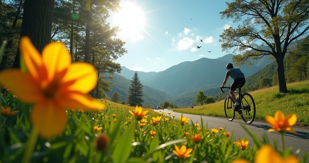 Flor colorida com gotas de orvalho, ciclista na trilha e amigos em piquenique em um lindo dia ensolarado.