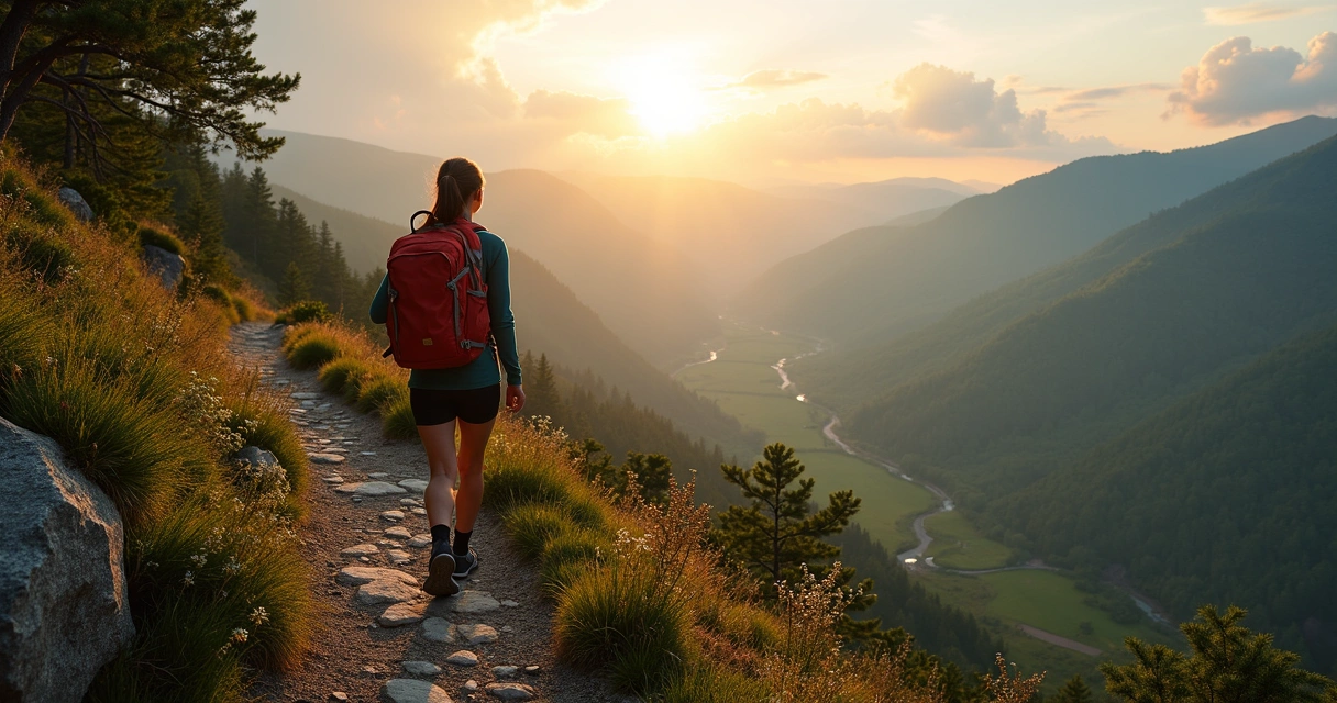 Pessoa caminhando em trilha de montanha com vista para o vale 