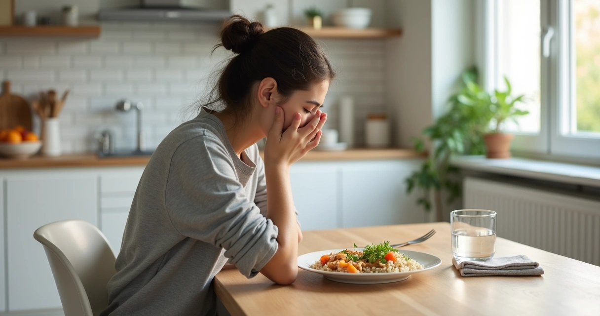 Pessoa sentada à mesa de cozinha com enjoo após refeição diante de prato meia refeição. 