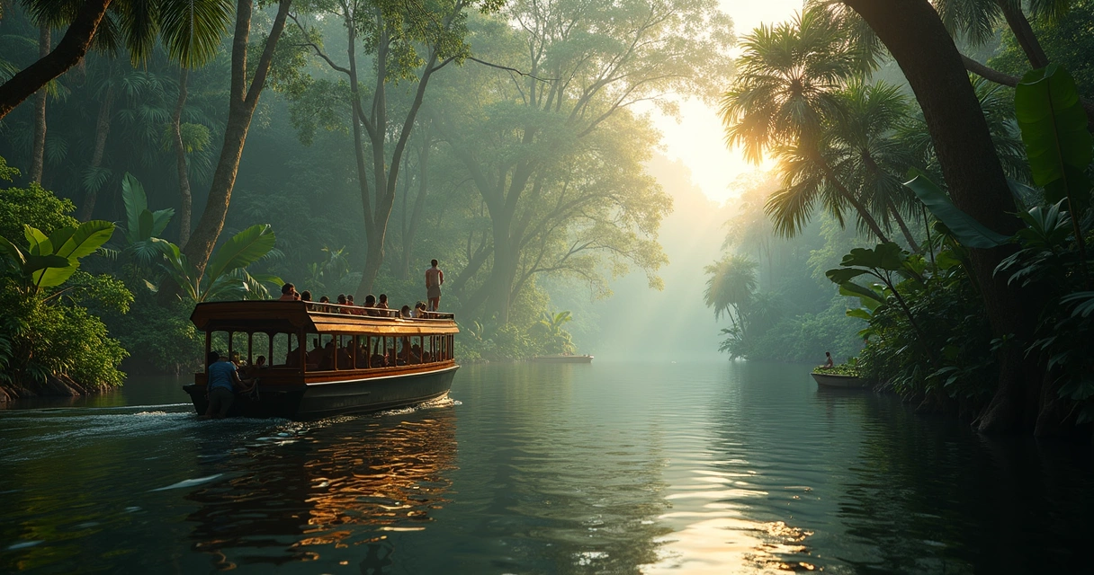 Barco pequeno navegando entre igarapés da Amazônia 