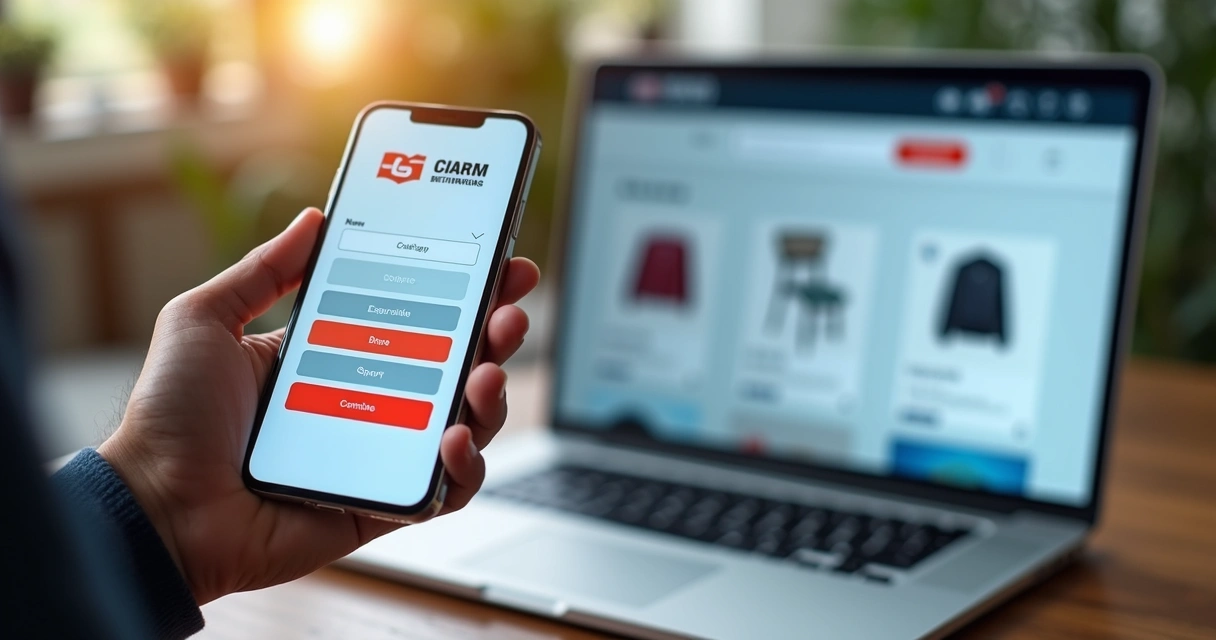 Pessoa usando loja online em celular, notebook ao fundo aberto