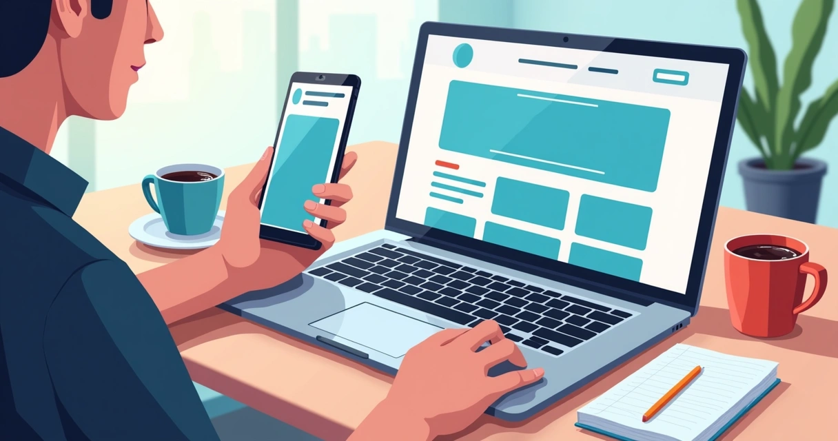 Pessoa visualizando site institucional em smartphone e notebook 