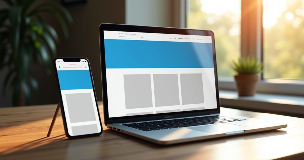 Site exibido em notebook, smartphone e tablet na mesma mesa 