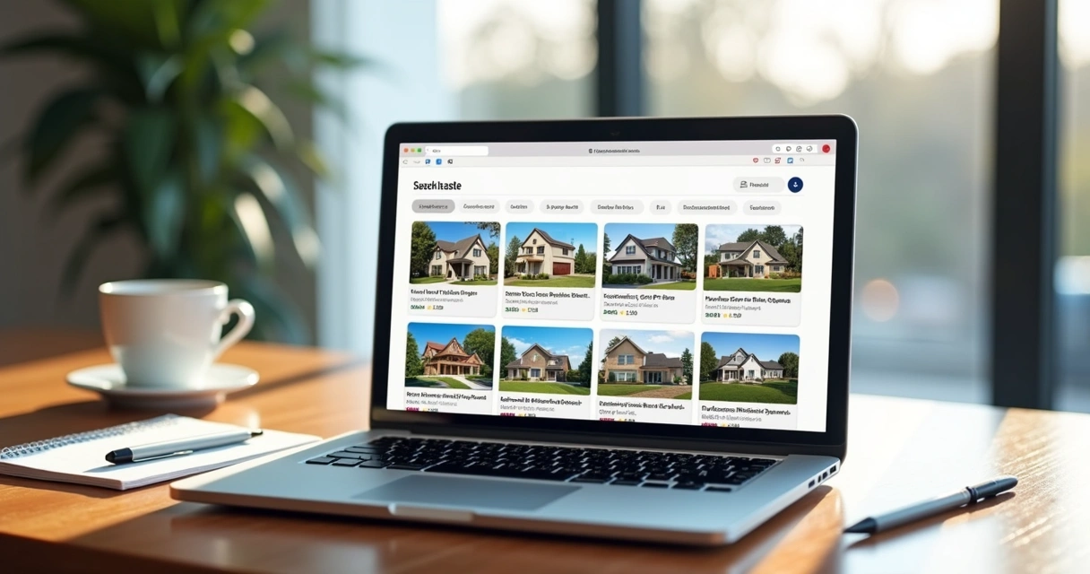Navegação em site imobiliário exibindo fotos de imóveis em notebook 