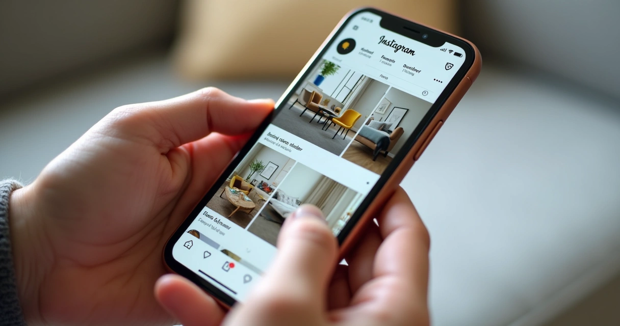 Pessoa usando celular para navegar em loja de móveis no Instagram 