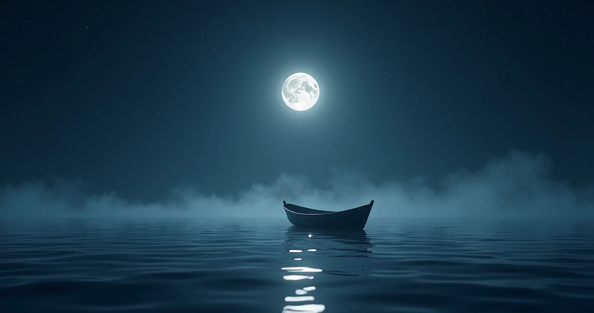 Barco solitário navegando em mar calmo sob céu estrelado e noite tranquila 