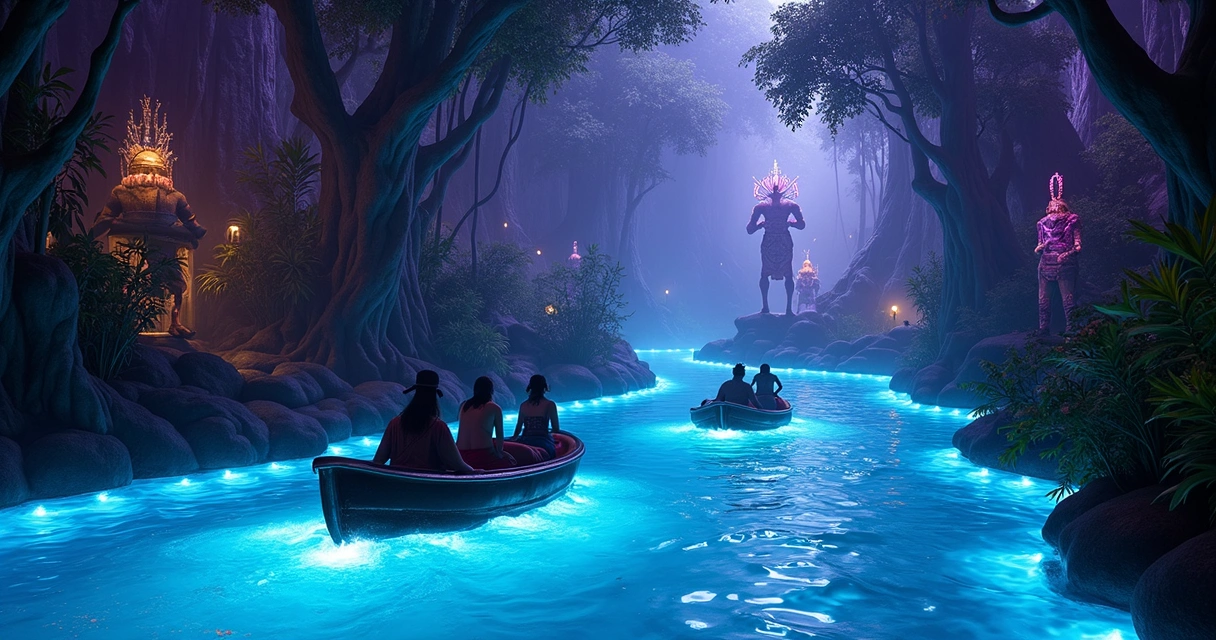 Barcos percorrendo o rio iluminado do Na'vi River Journey 