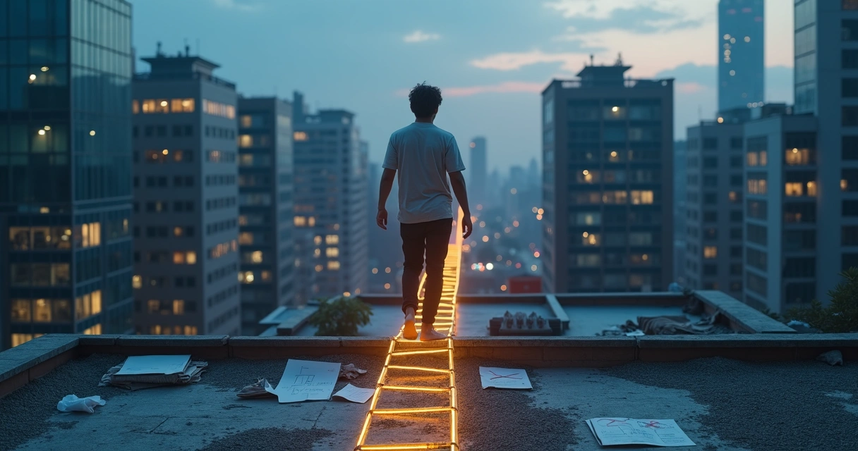Person walking a glowing tightrope between city rooftops with fallen attempts below 