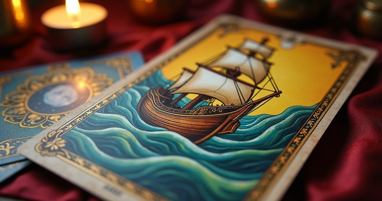 Carta do Navio do baralho cigano em uma mesa de leitura