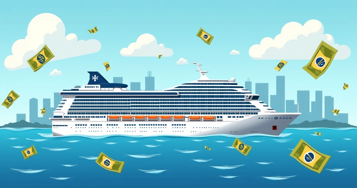 Navio de cruzeiro em mar azul com moeda dólar e real, fundo com prédios de cidades brasileiras 