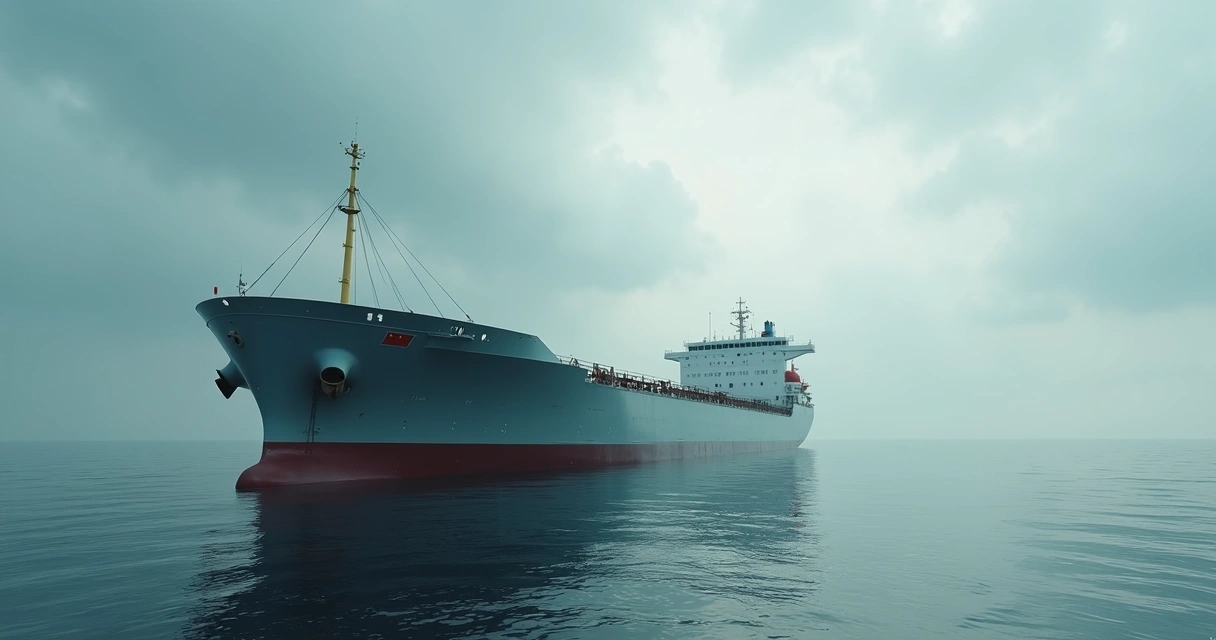 Navio cargueiro encalhado em águas calmas, céu nublado ao fundo 