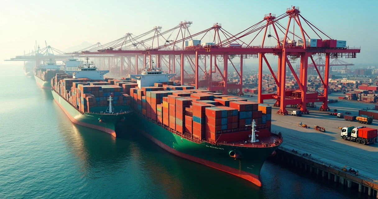 Navios cargueiros com contêineres atracados em porto movimentado na China