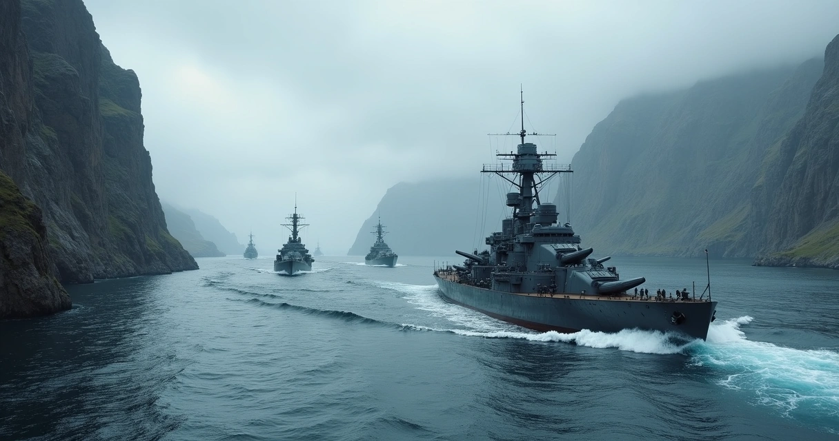 Navios de guerra alemães navegando em costa norueguesa