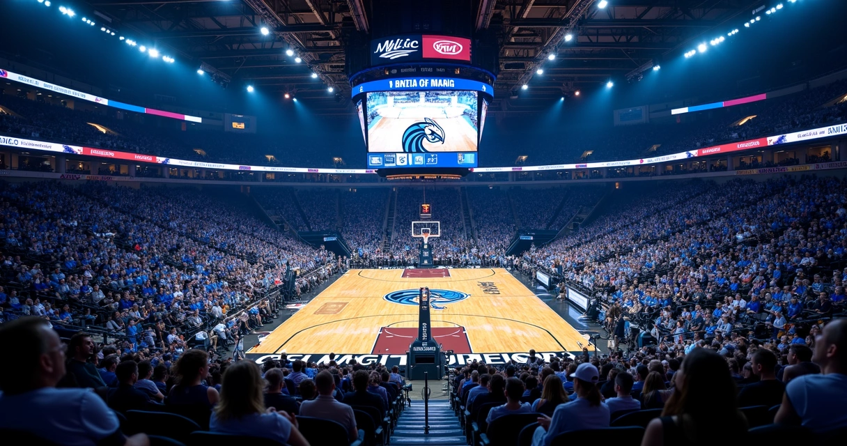 Vista da quadra da NBA em Orlando com torcida cheia e logo do Orlando Magic no centro 