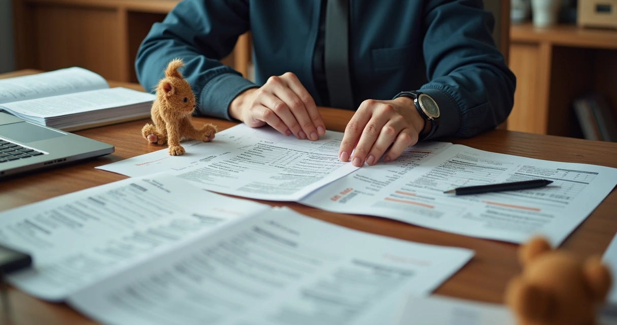 Pessoa analisando produtos pet com notas fiscais sobre a mesa 