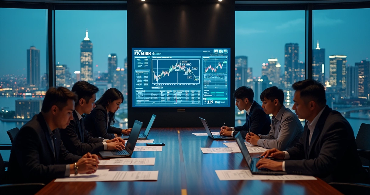 Currency traders at large table analyzing FX hedging under capital controls 
