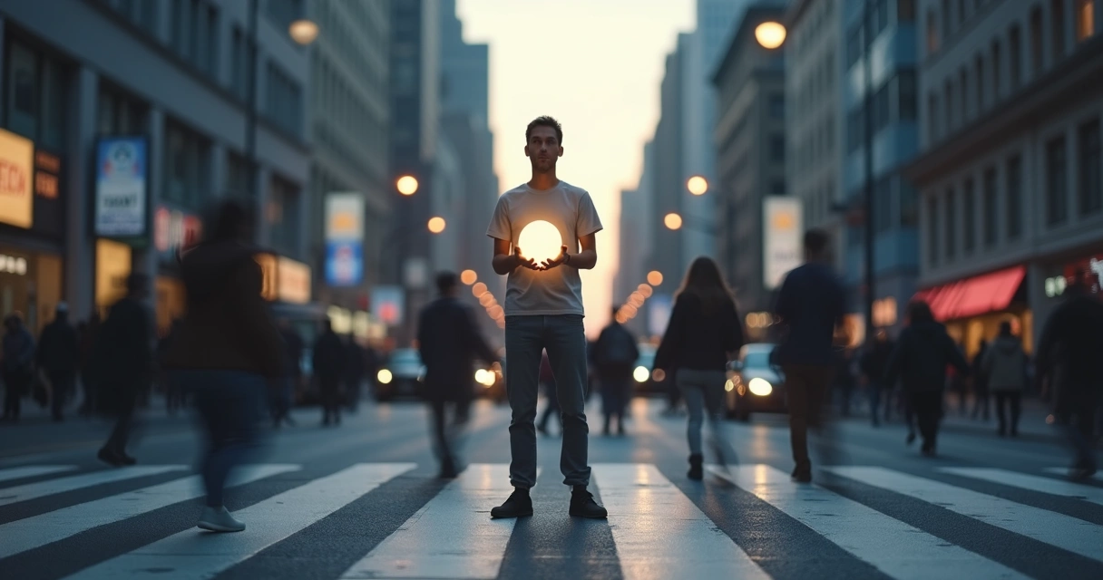 Pessoa em pé em rua movimentada com silhuetas desfocadas ao redor e esfera luminosa calma nas mãos 