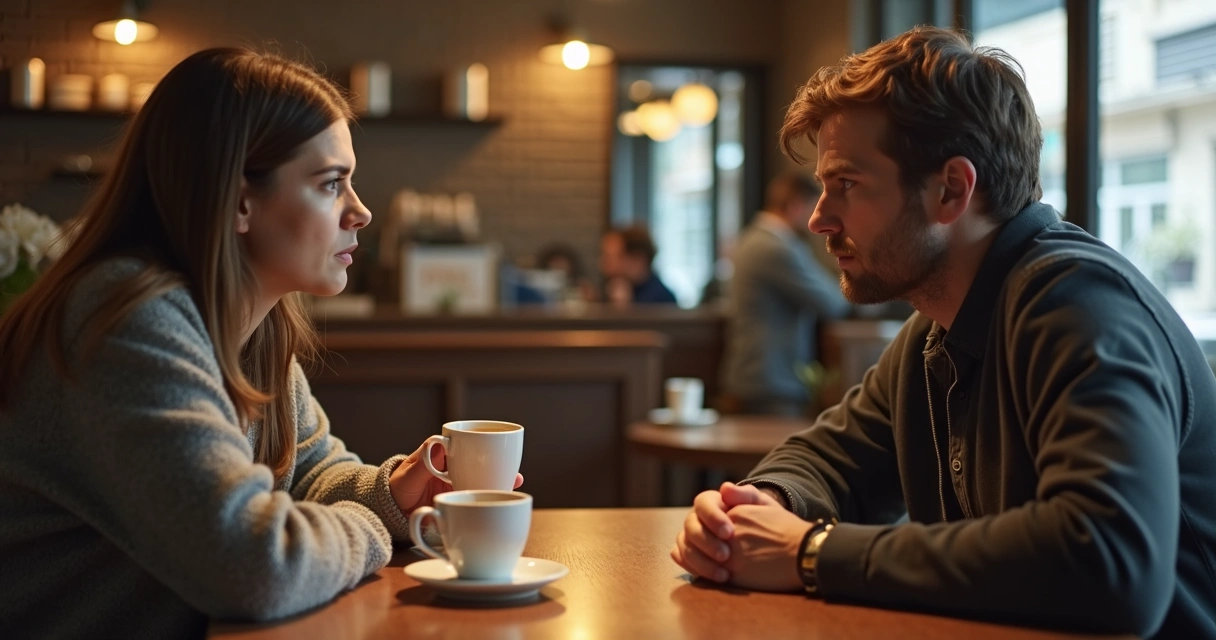 Duas pessoas sentadas em uma cafeteria conversando, uma parece hesitante em recusar um pedido do amigo 