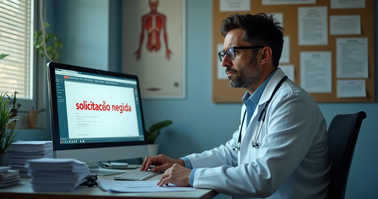 Médico analisando computador com tela exibindo negativa automatizada de exame 
