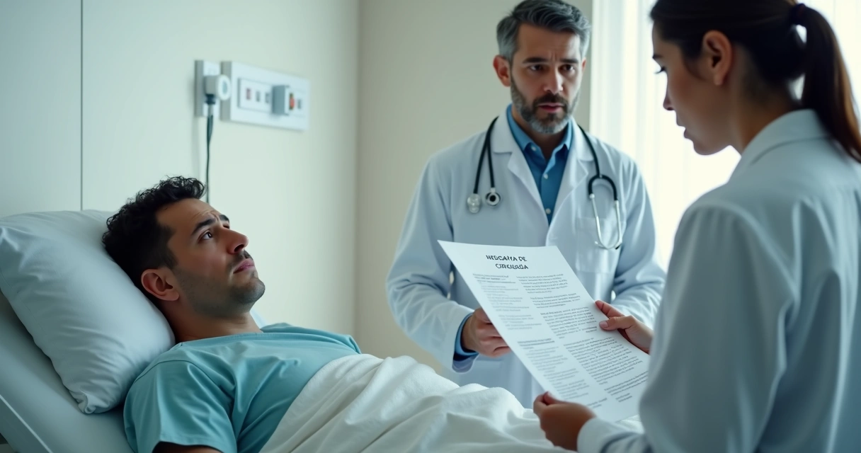 Paciente deitado em maca de hospital com expressão de preocupação, médico ao lado explicando documentos