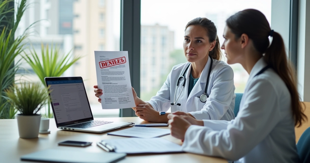 Pessoa analisando negativa de plano de saúde com médica em consultório 