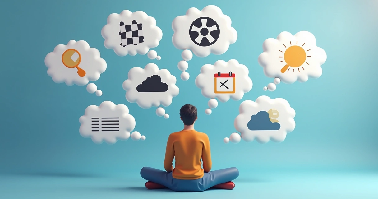 Illustration of a person surrounded by thought bubbles showing different thinking traps. 