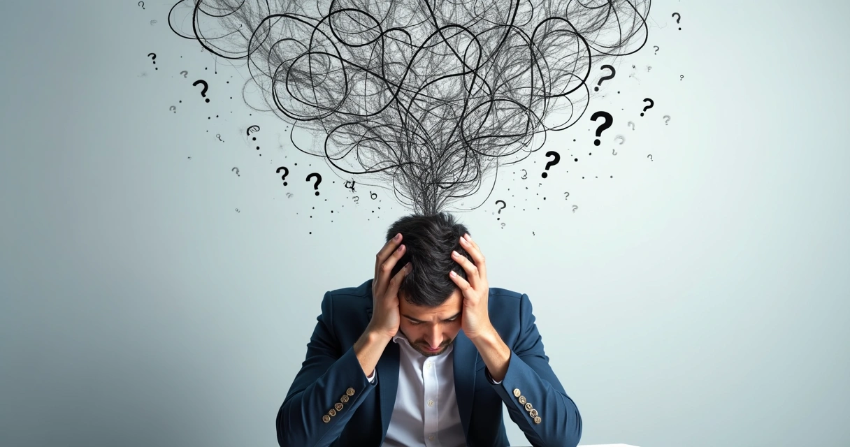 Illustration of a person surrounded by tangled black and white lines representing confused thoughts 